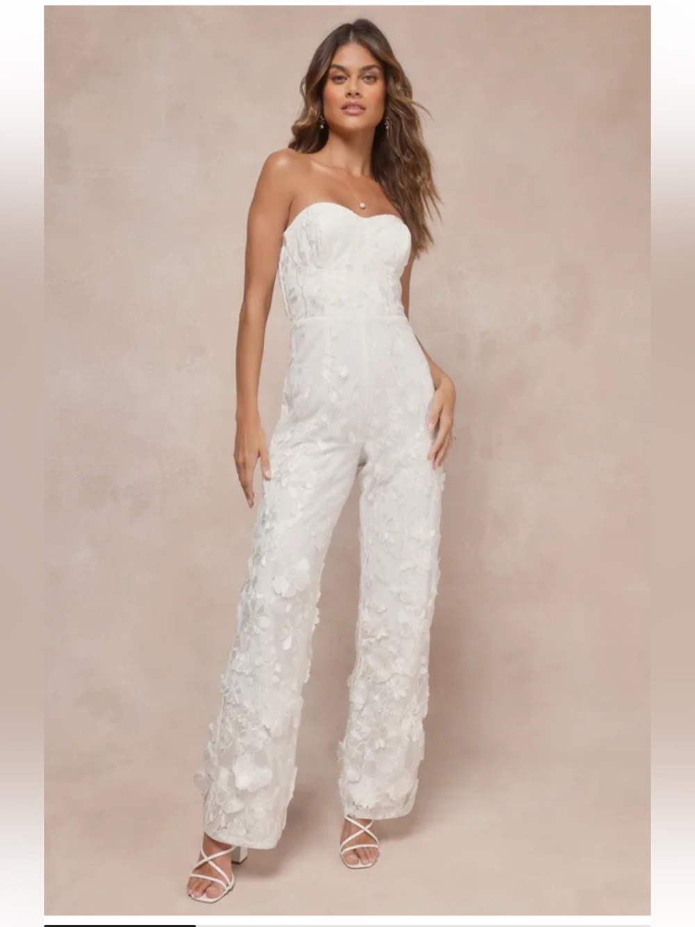 Lulu's Eternal Glamour White 3D Floral Strapless Wide-Leg Jumpsuit size Medium